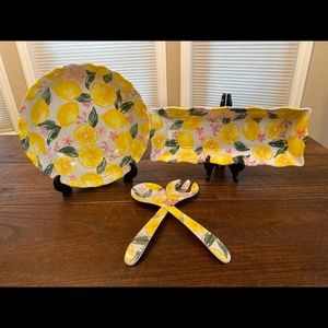 Lemon Serving Bowl, Lemon Platter & Lemon Serving Spoon & Fork Bundle
